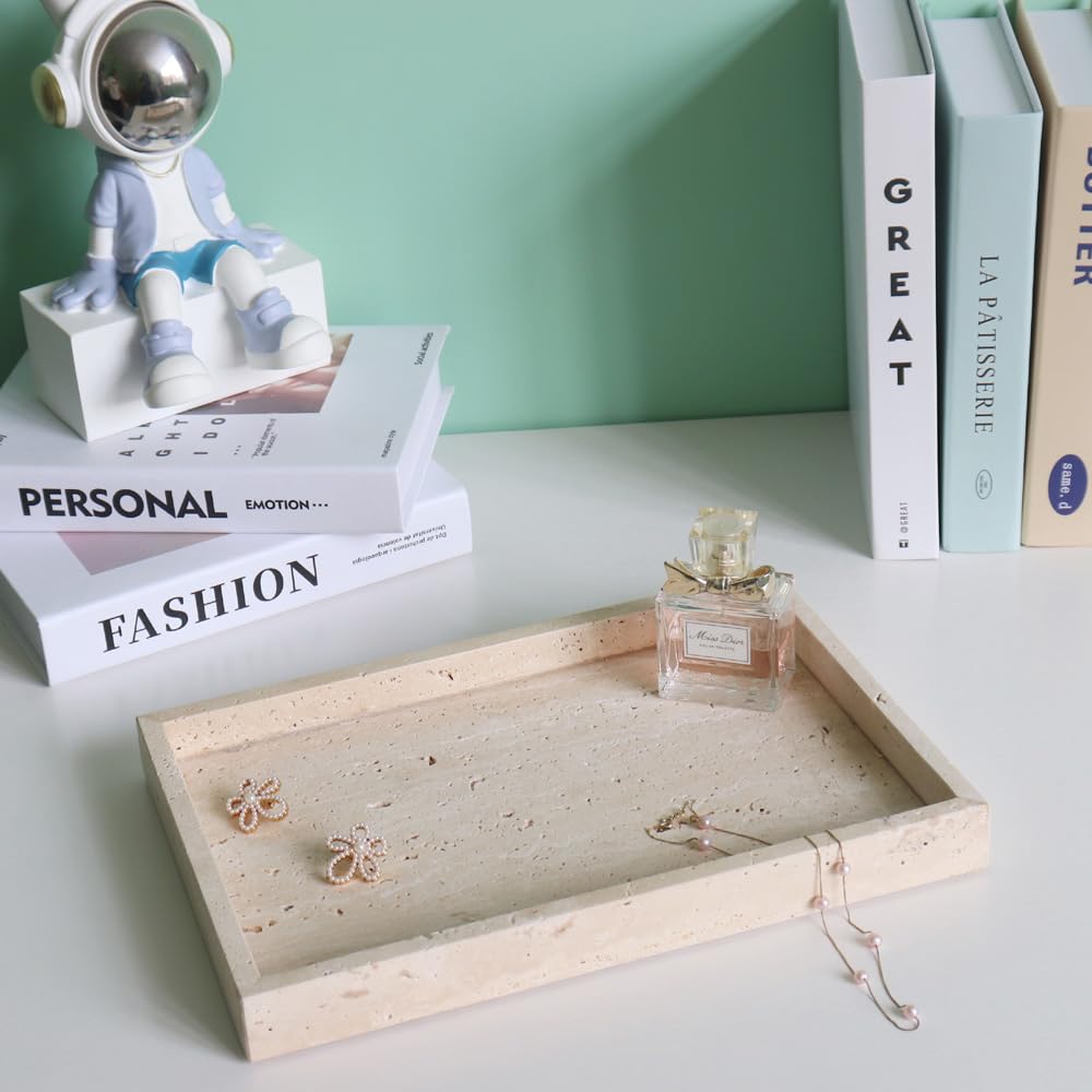 Kesoniku African Natural Marble Tray, 11.8"x7.8" Coffee Table Vanity/Decorative Tray for Jewerly, Watch, Perfume, Rectangle Genuine Marble Stone for Bedroom/Bathroom/Kitchen Countertop
