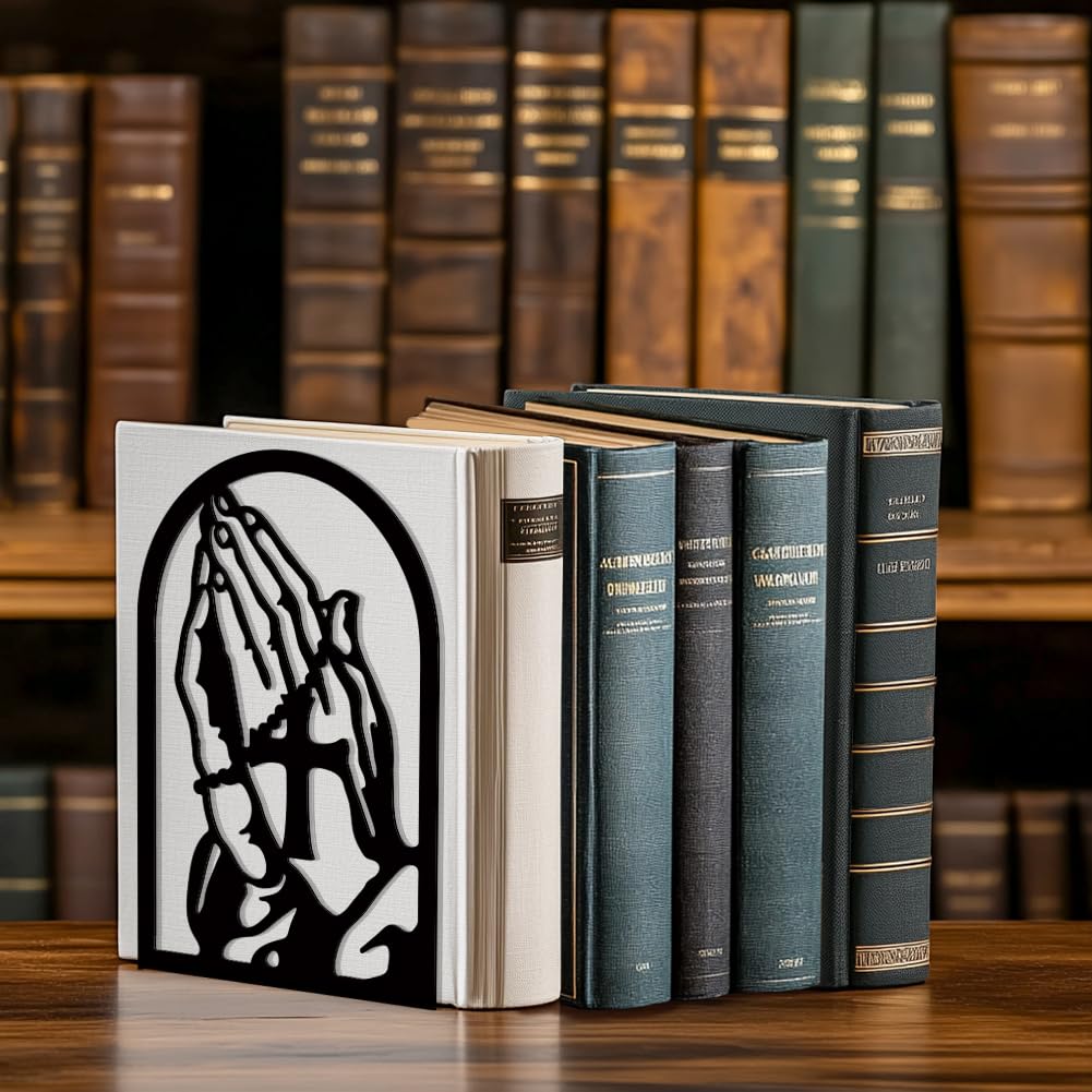 Peacoblue Metal Bookends for Shelves, Modern Decorative Heavy Duty Study Book Support Stoppers for Office, Desk, Shelf, Room 5.3"x4.3"x7.8" Cast Iron Tall Bookends, 1 Pair (Praying Hands and Cross)