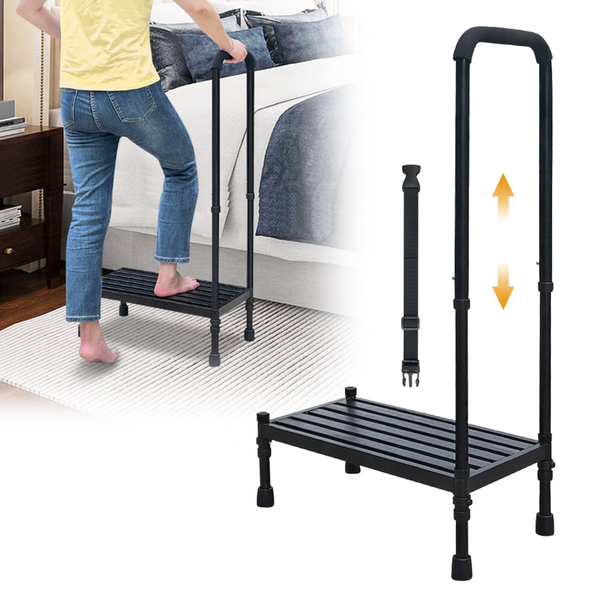 Medical Step Stool with Handle for Elderly, Stepping Stool Bedside Assist Steps for High Beds Adults Seniors, Safety Car SUV Handicap Foot Platform with Handrail, Heavy Duty Adjustable Bed Ladder