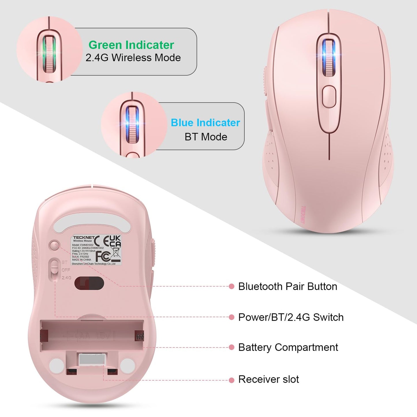 TECKNET Wireless Mouse for Laptop, Silent Bluetooth Mouse(BT5.0 & 2.4G) 4000DPI Adjustable, Computer Portable PC Quiet Mice with USB-A Receiver & 6 Buttons for Mac, 18 Months Battery