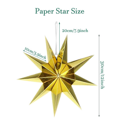 5Pcs Gold Christmas Paper Star,12 Inch Large 9 Pointed Hanging Star Lantern for Xmas Tree,Fireplace,Porch,Birthday Party,Home Decor