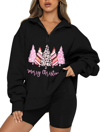 Christmas Sweatshirts for Women - Half Zip & Quarter Zip Pullover Oversized Long Sleeve Tops - Pink & Black Merry Christmas Trees V Neck Outfits - Teen Girls Fall Fashion Y2K Clothes