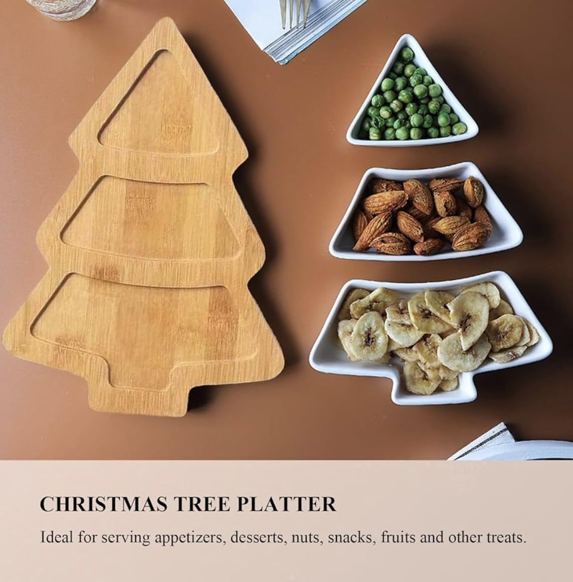 “Christmas Tree Shaped Serving Tray – 3 Tier White Ceramic Plates with Bamboo Stand – Holiday Snack & Dessert Display Platter”
