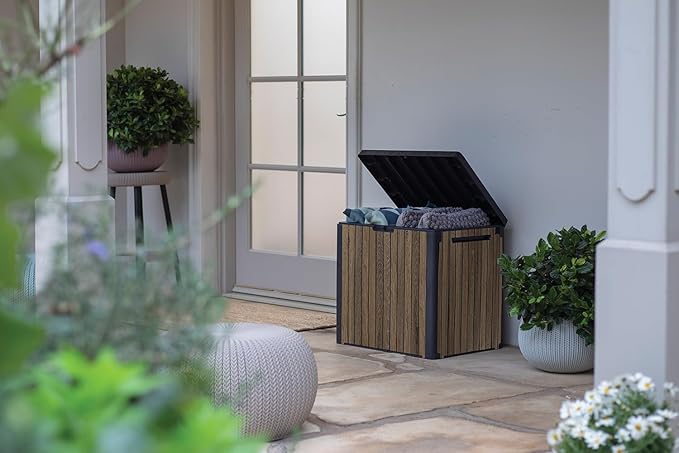 Keter Signature Everwood 30 Gallon Resin Deck Box for Outdoor Storage – Weather‑Resistant Balcony & Patio Box for Cushions, Throw Pillows & Garden Tools, Walnut