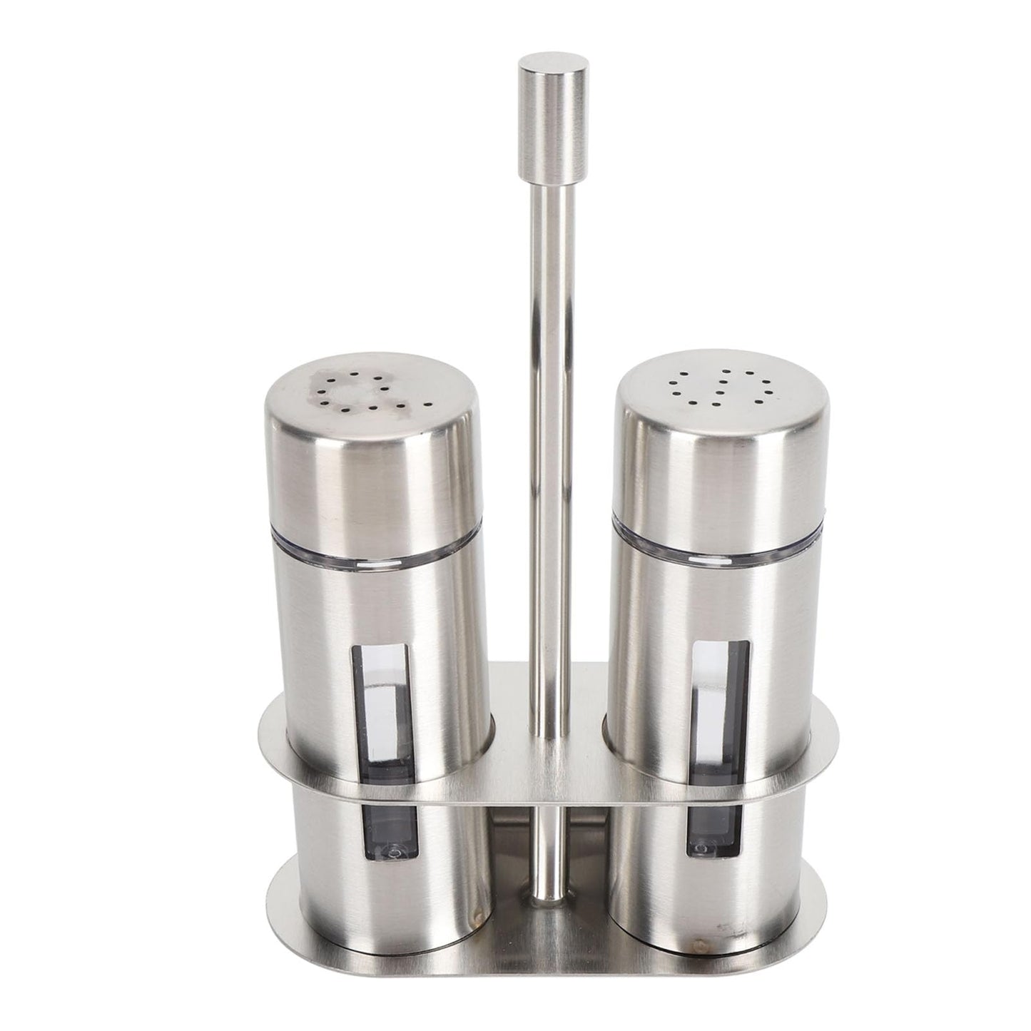 Salt and Pepper Shakers Set, Stainless Steel Seasoning Bottle with Holder, Refillable Salt Pepper Dispenser Spice Containers for Home Kitchen Countertop, BBQ, Bar, RV, Camp (L)