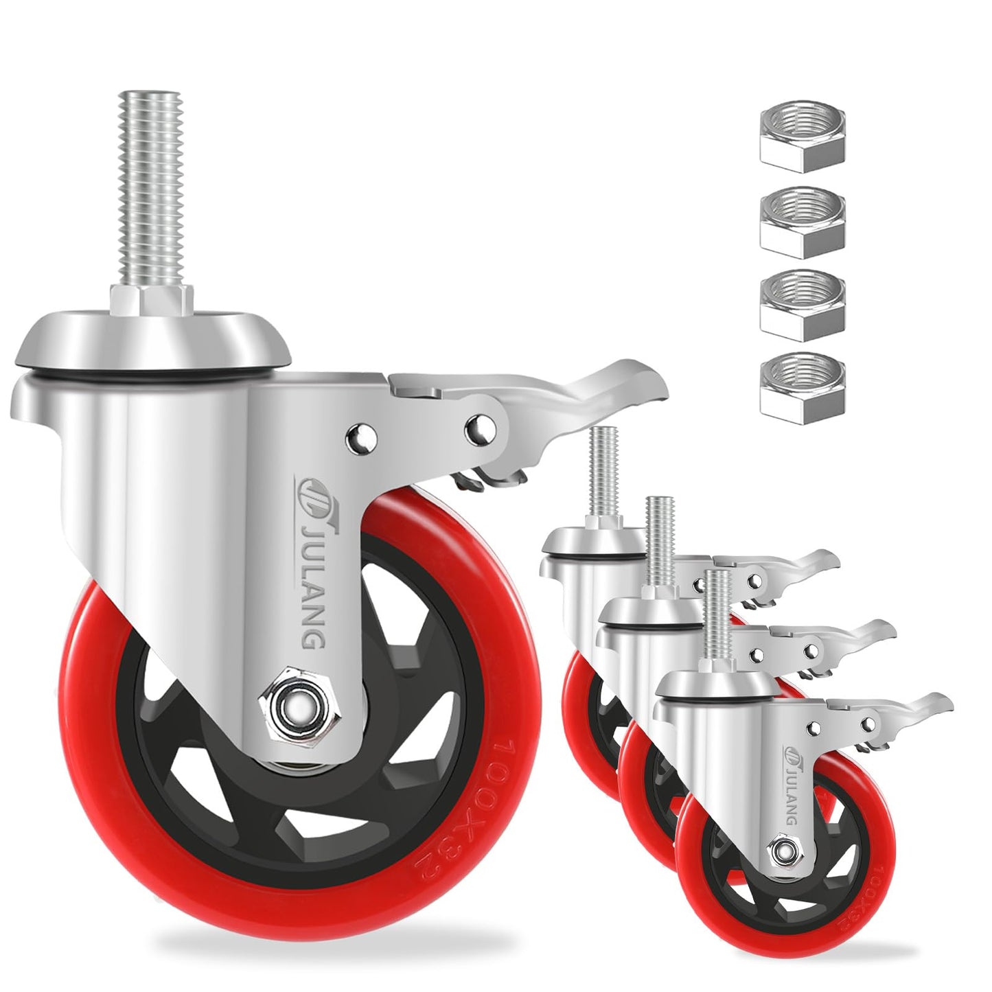 JULANG 4 inch Caster Wheels 1/2 Threaded Stem Casters Set of 4 Heavy Duty 2400lbs, 1/2"-20 x1.25(Stem Diameter 1/2", 20 Threads Per Inch, Length 1.25"), Industrial Castor Wheels for Cart,Furniture