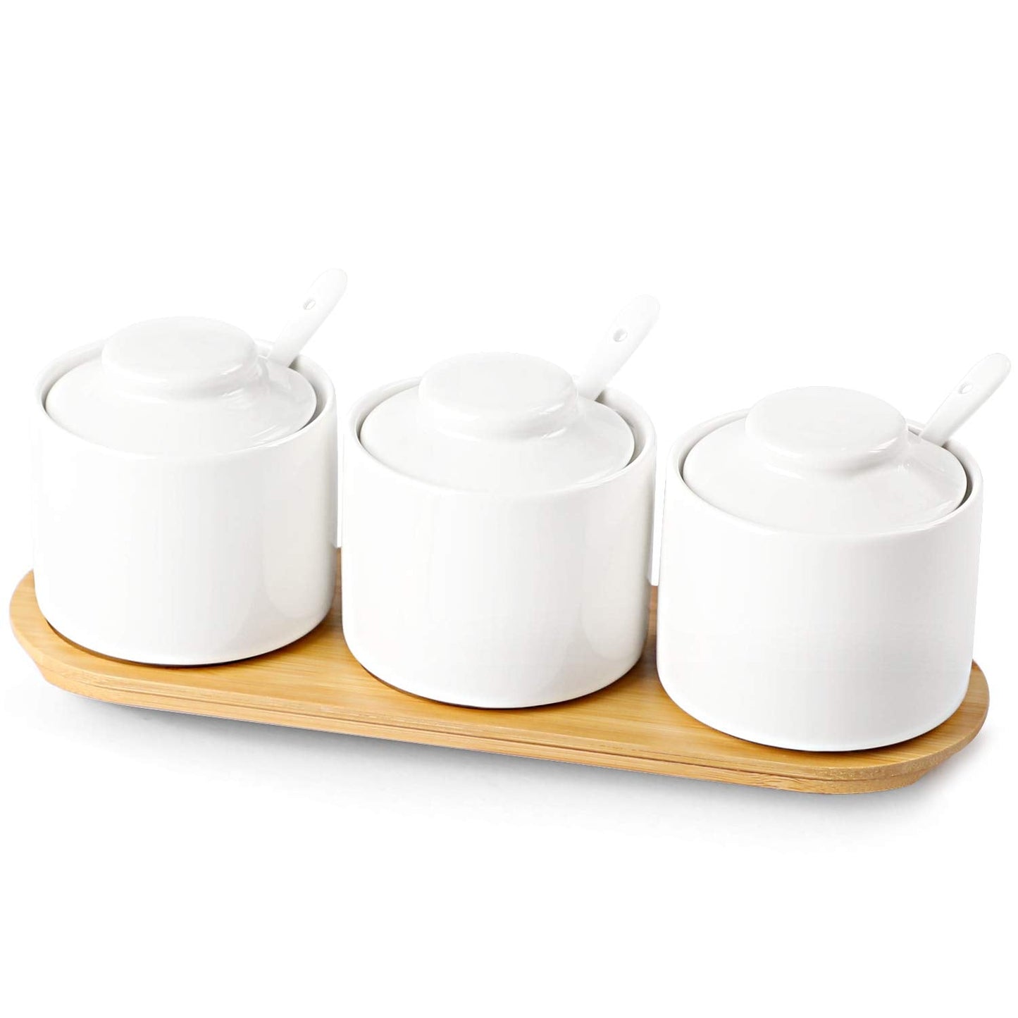 ONTUBE Ceramic Condiment Jar Set of 3 with Tray, Condiment Pot 8oz (White)