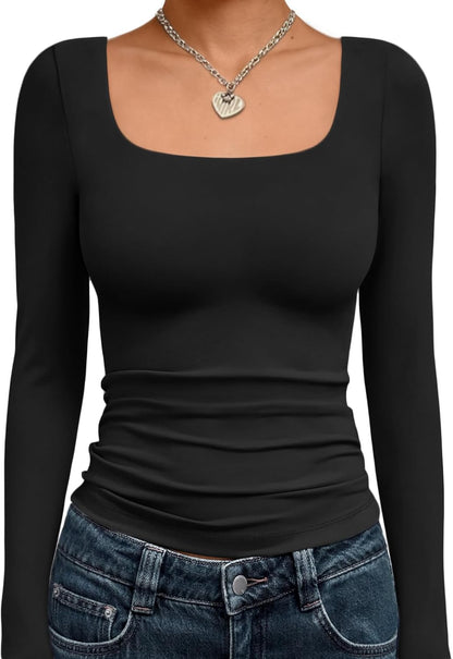 Trendy Queen Womens Long Sleeve Shirts Crop Tops Fall Fashion 2025 Square Neck Going Out Basics Tees Y2k Clothes