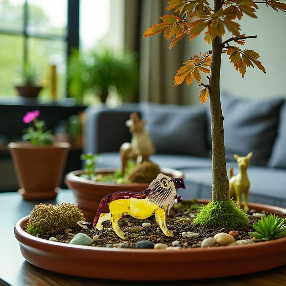 Mr_air_thai_Glass_Blown Tiny 2¾" Yellow Brown Gold Roar Lion - Miniature Hand Blown Glass Tigers Lions Panthera Wild Cats Crystal Wildlife Animal Decorative Figures Collectible Figurines Décor Gifts