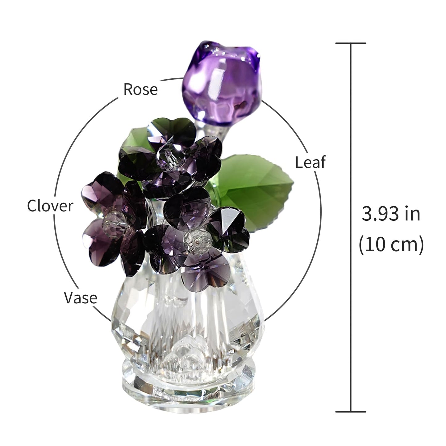 Decorative Crystal Glass Flower Sculpture - Rose & Clover Bouquet, Symbol of Love & Luck, Ornament for Home, Display Cabinet & Window Sill Decor, Gifts for Garden Enthusiasts (Purple)
