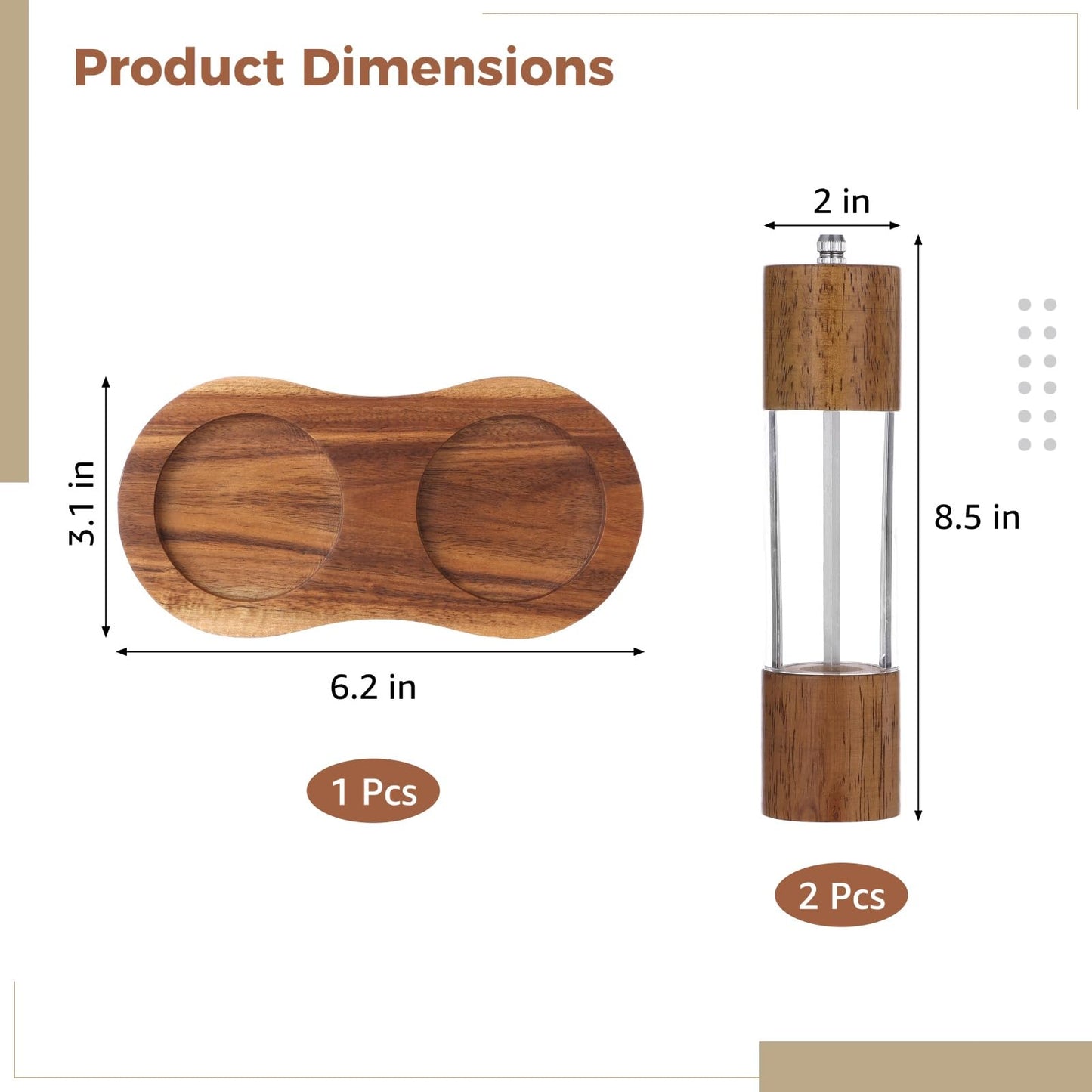 Acacia Wood Salt and Pepper Grinder Set, 2 Pcs 8.5" Wooden Salt and Pepper Shakers, Including Wooden Base, Refillable Spice Wooden Mills, Ideal for Kitchen, Dining Table