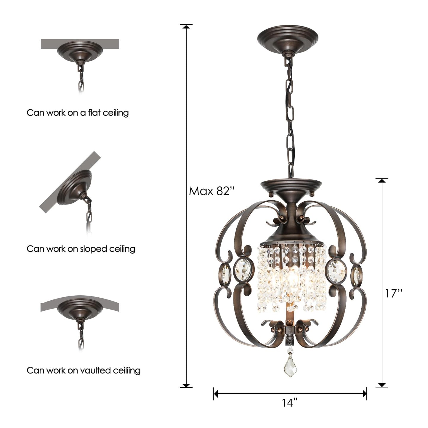 Leyodnpe Bronze Crystal Chandeliers for Dining Room, 3-Light 14 Inch Flush Mount Ceiling Light Fixture,Vintage Hanging Pendant Lighting for Kitchen Island,Living Rooms, Foyer