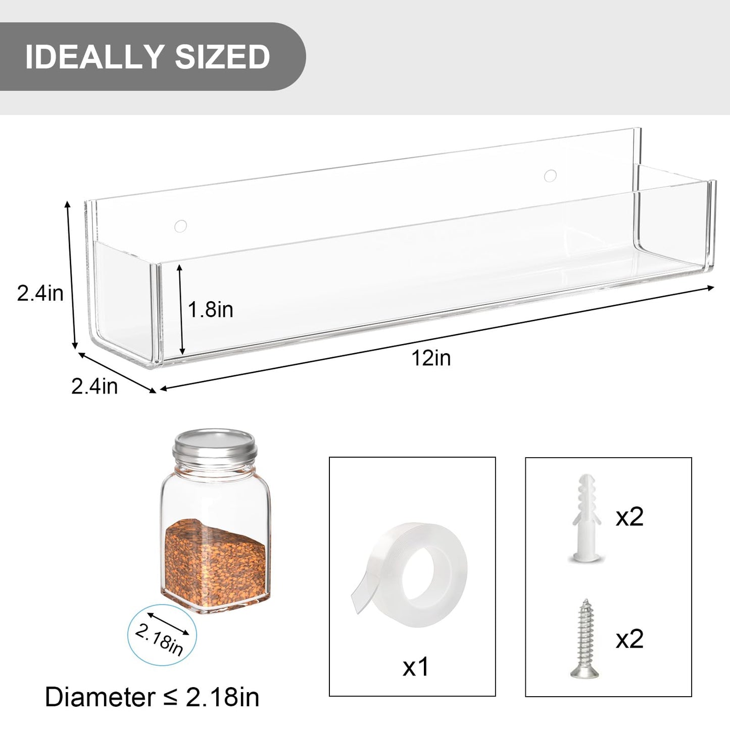PMMASTO Adhesive Acrylic Spice Rack Organizer for Wall with Nano Double Sided Tape, Spice Shelf Organization for Kitchen Cabinet Door/Pantry Door, Wall Mount Seasoning Rack (Clear-2 Pack)