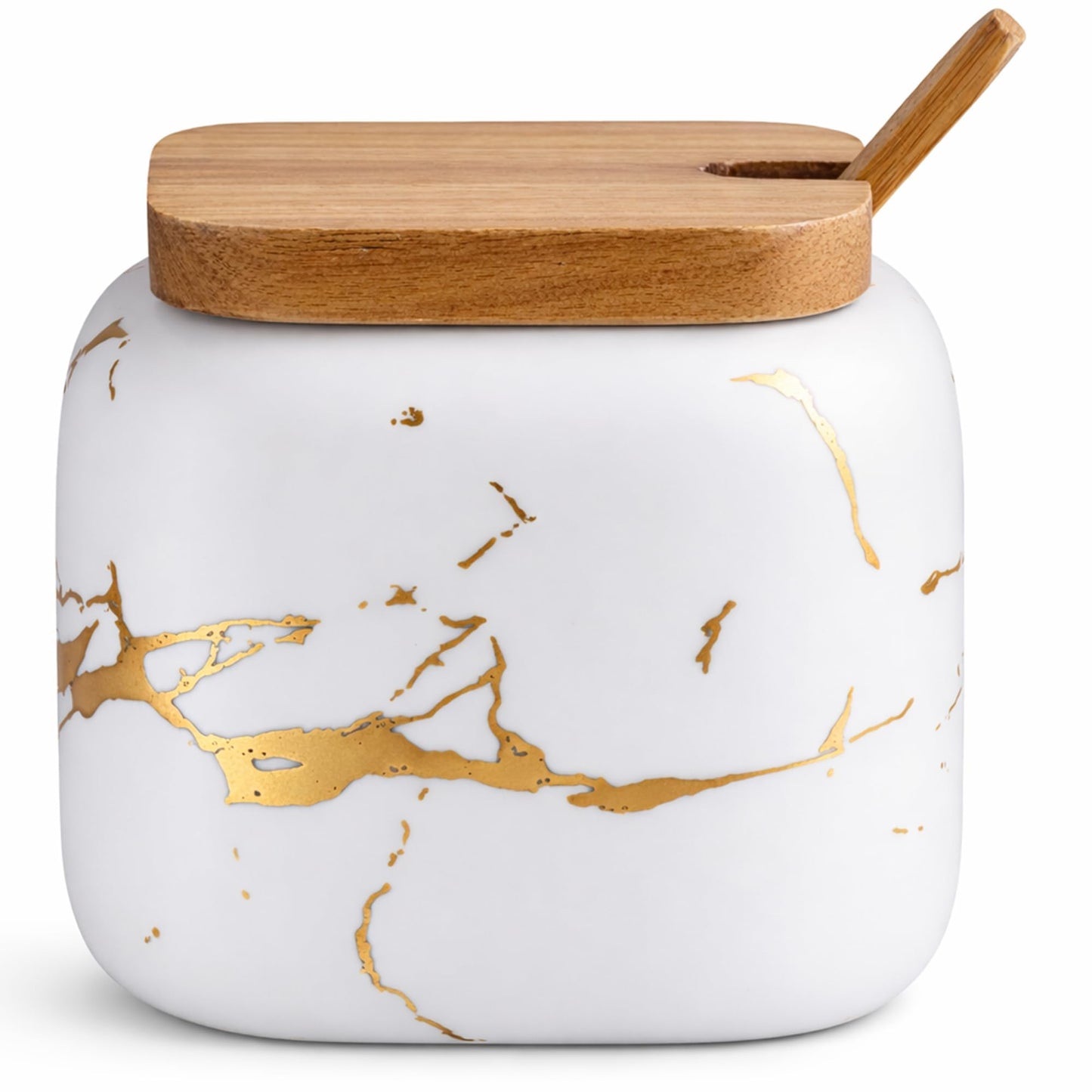 JFFLYIT Marble Ceramics Sugar Bowl Ceramic Seasoning Box Ceramic Spice Jars Porcelain Condiment Pots with Lid and Spoon (White)
