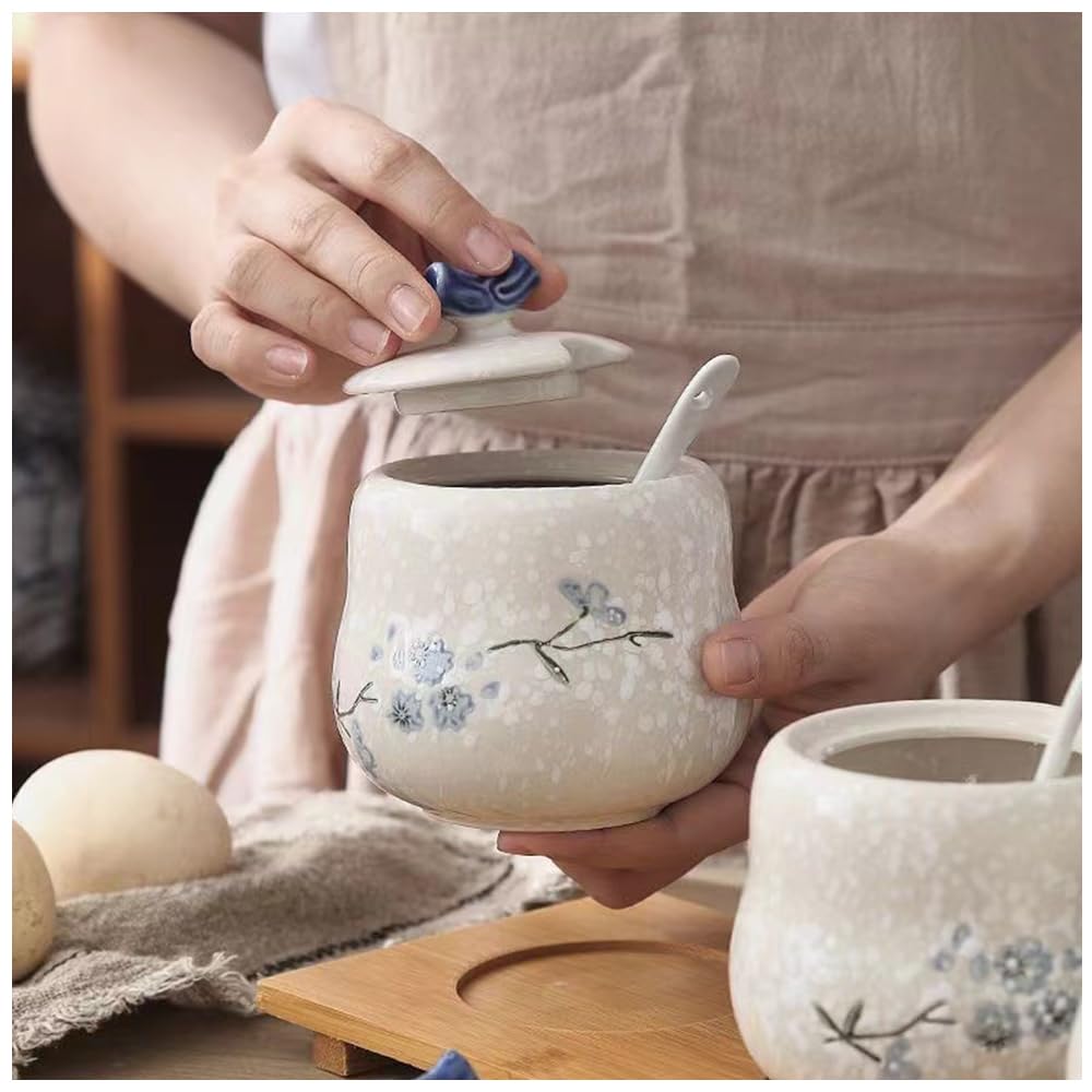 YMYL Ceramic Sugar Bowl with Lid and Spoon Set of 2, 13.5oz Porcelain Condiment Pots Salt Bowl Sugar Jar Seasoning Jars Set for Kitchen, Dishwasher Safe