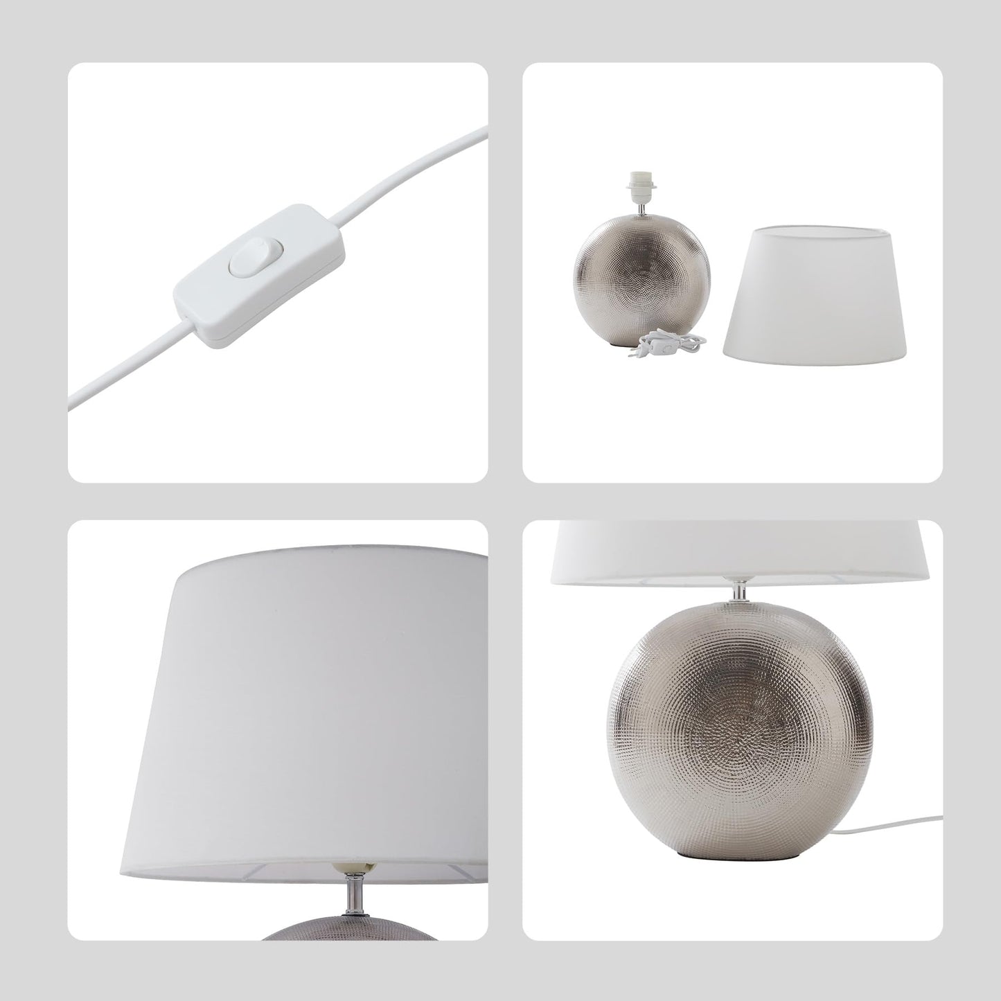 Lucande 19" Modern Ceramic Table Lamp, Silver Jar-Style Base with White Fabric Shade, Elegant Bedside Lamp for Nightstand or Living Room, E26 Base Bulb Not Included