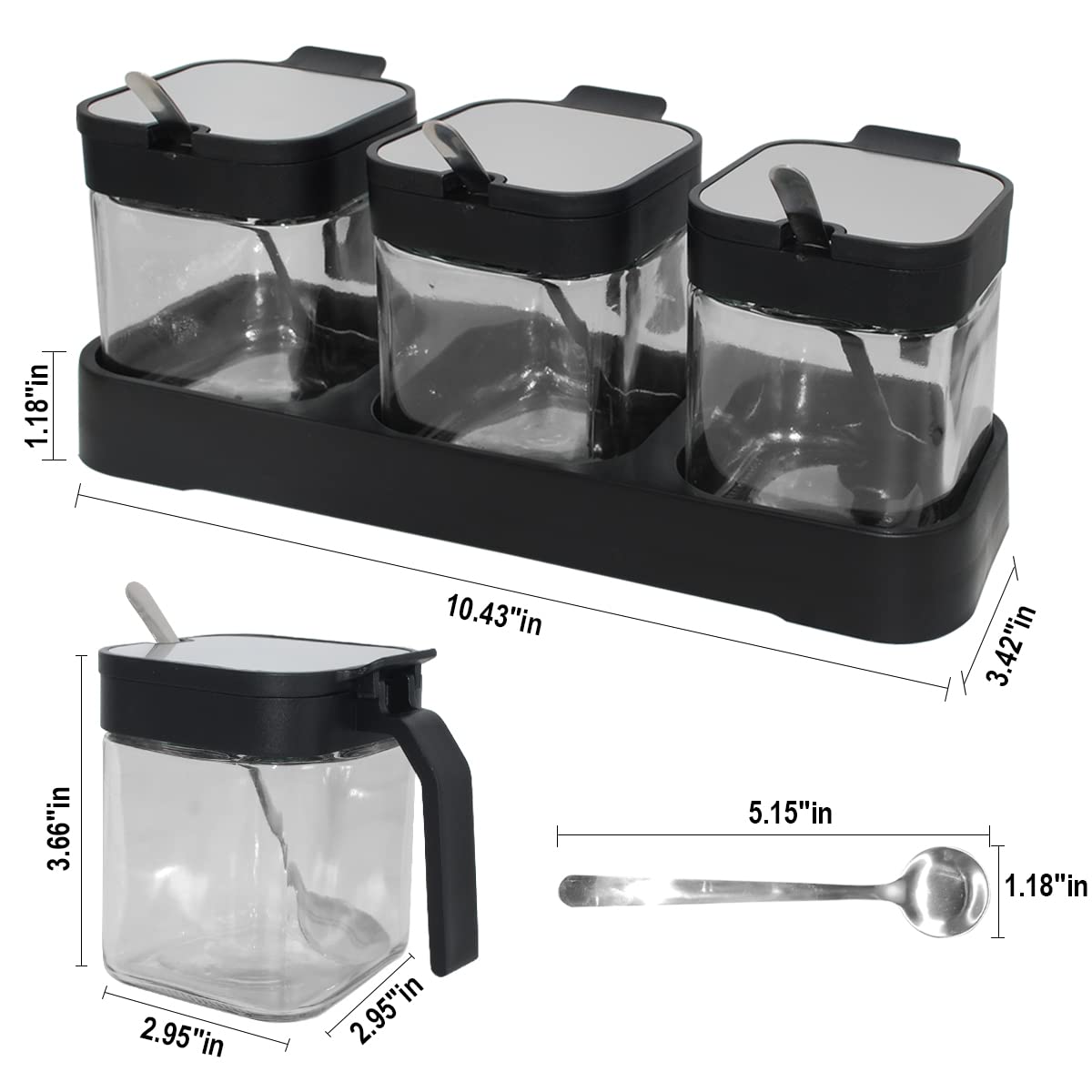 Glass Condiment Spice Jars,5.6Oz/255 ml Condiment Jar Spice Container with Lids and Spoons and Tray,Clear Glass Condiment Canisters Pots for Salt Pepper,Seasoning Box 3 Set for Kitchen Counter