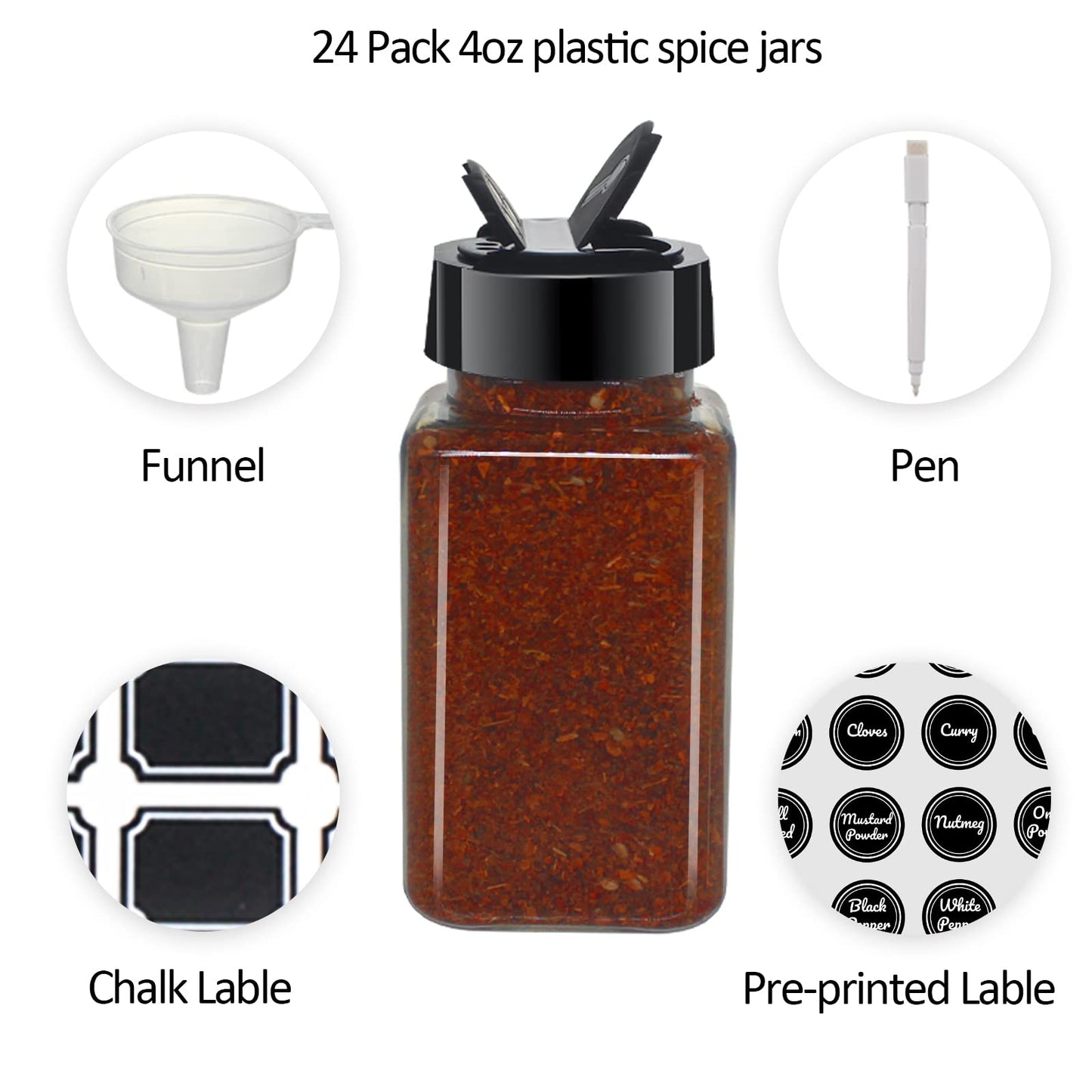 BPFY 24 Pack 4oz Clear Plastic Spice Jars With Black Plastic Lids, Square Spice Bottles, Seasoning Containers with Chalk Labels, Pen, Funnel, Spice Containers For Kitchen Cabinet