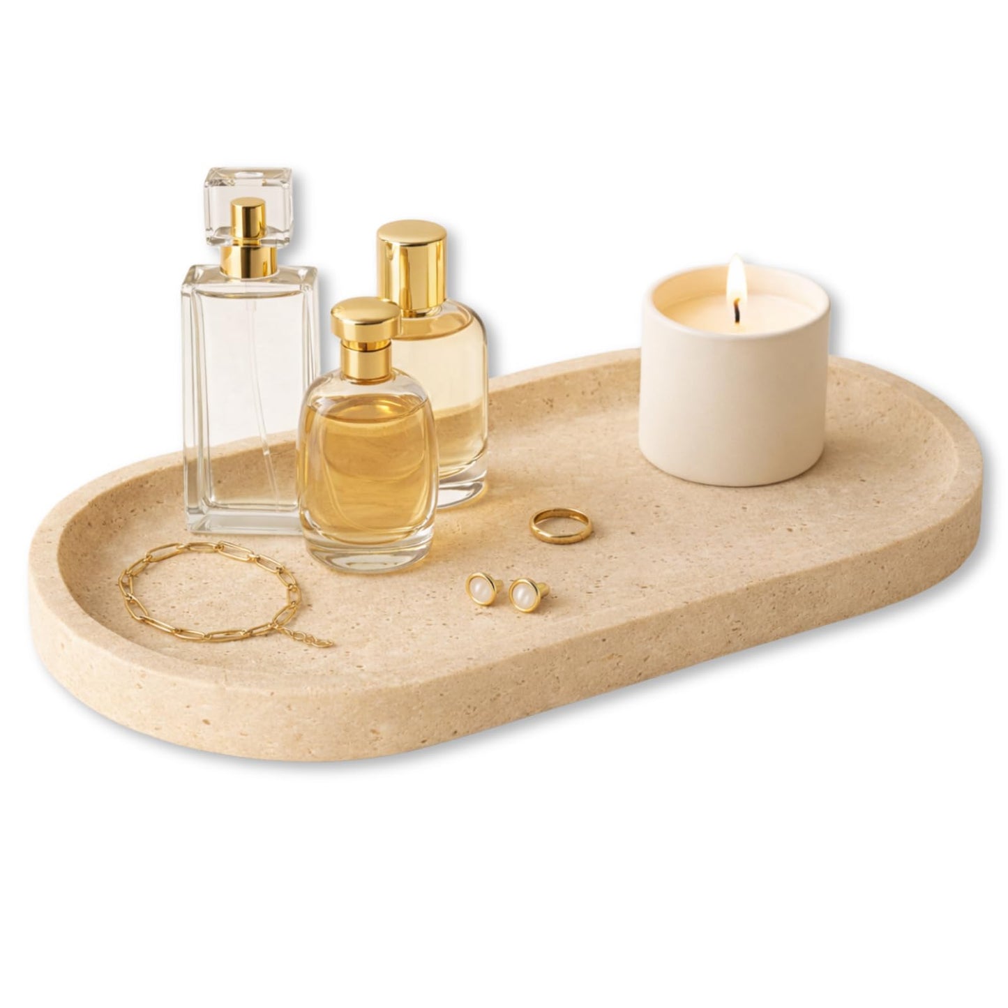 Natural Travertine Oval Tray 12”x6” – Vanity & Bathroom Counter Tray for Perfume, Candles & Jewelry | Heavy Stone Decorative Marble Tray with Non-Slip Pads