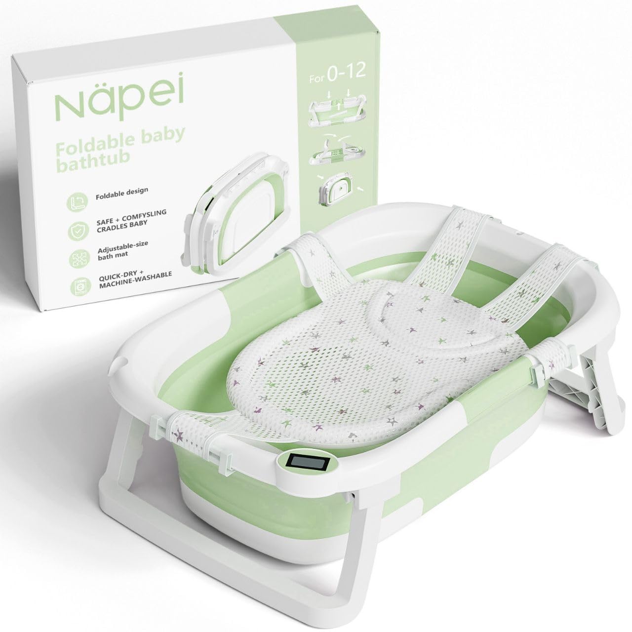 napei Collapsible Baby Bathtub,Baby Bath Tub with Soft Cushion & Thermometer,Baby Bathtub Newborn to Toddler 0-36 Months,Portable Travel Baby Tub