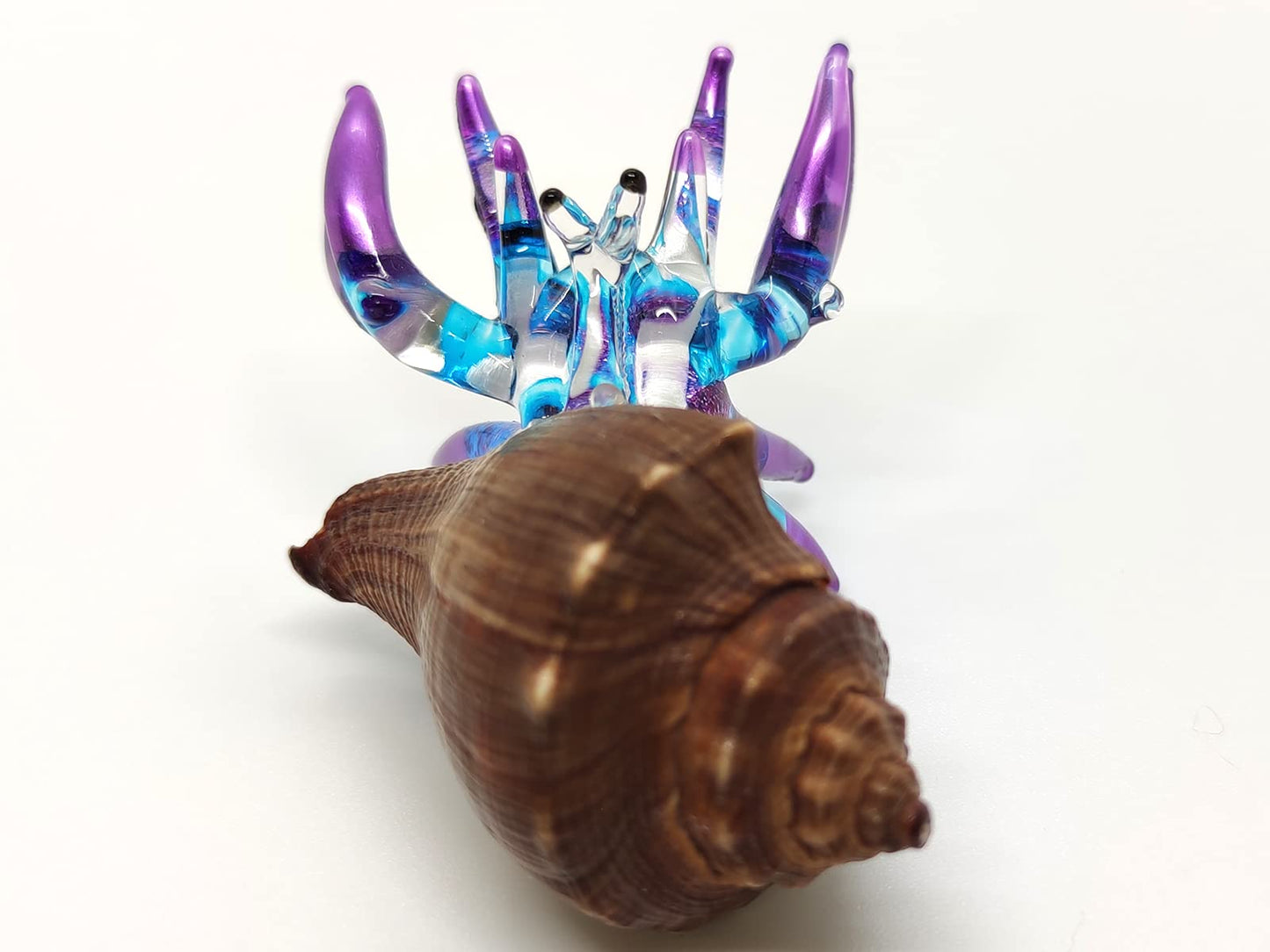 Sansukjai Seashell Hermit Crab Miniature Figurines Beach Animals Hand Blown Glass Art Collectible Gift Decorate - Brown Spiral Shell (Purple Blue)