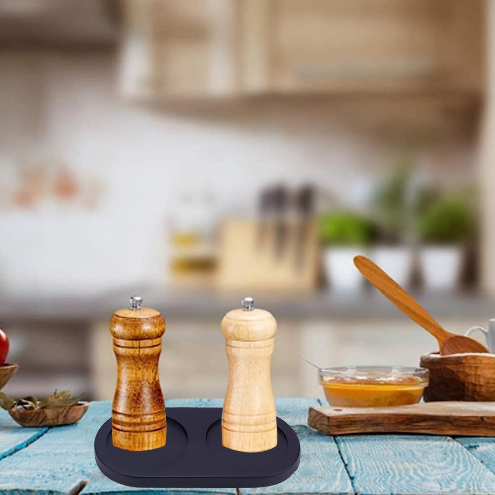 GORGECRAFT Black Wooden Salt and Pepper Mill Tray 2.28 Inch Acacia Wood Tray Peper Mill Holder Mills & Shakers Salt & Pepper Grinder Rest for 2 Mills Accessories Kitchen Storage Holder Home Crafts