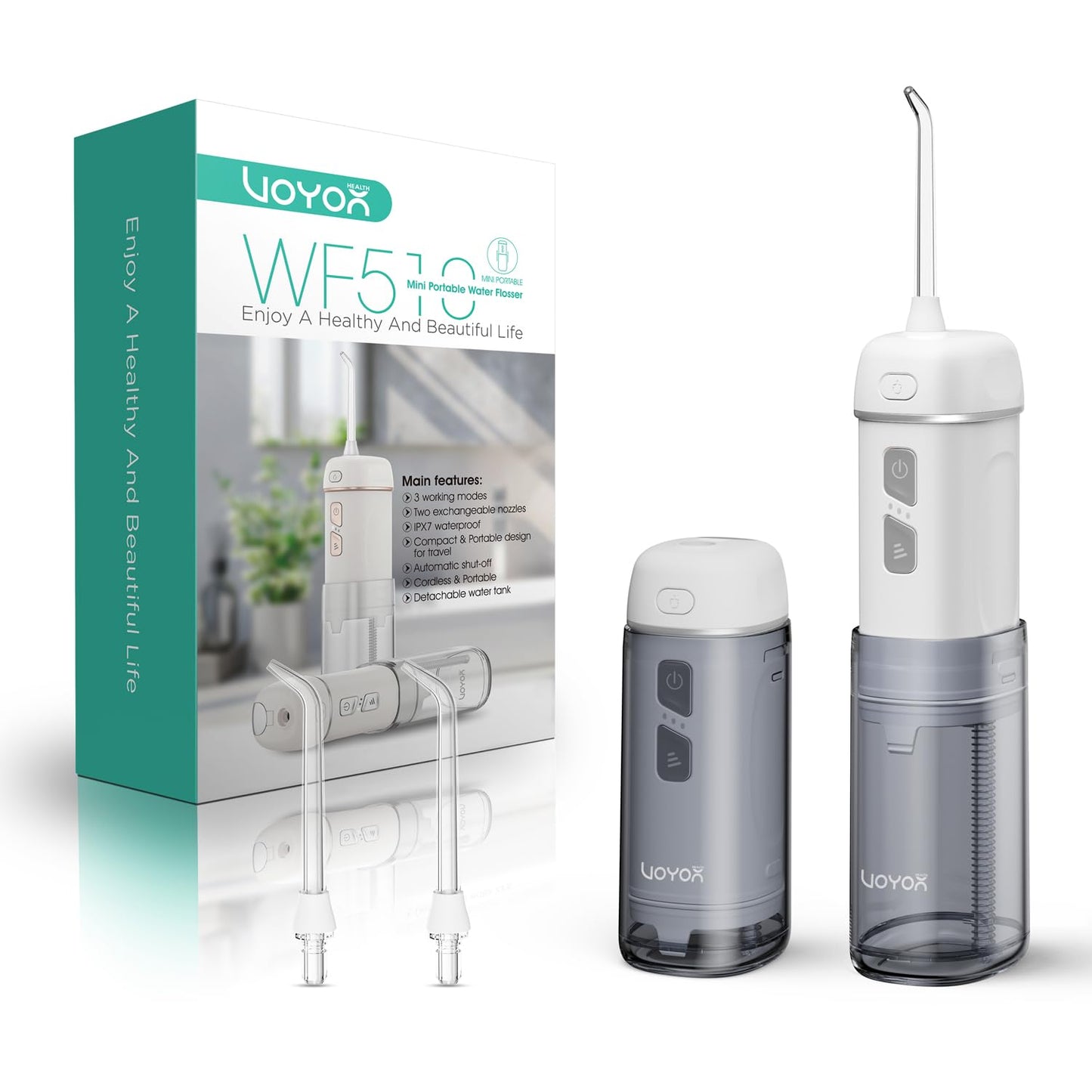 VOYOR-HEALTH Portable Water Flosser Cordless, Mini Travel Oral Irrigator with Telescopic Water Tank, IPX7 Waterproof Water Dental Flosser for Teeth Cleaning Braces & Dental Care WF510 (Light Green)