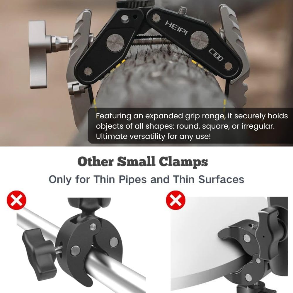 HEIPI Super Clamp Phone Camera Mount Holder 2-in-1 Clamp & Stand Design with 1/4"-20 & 3/8"-16 Screw Mount Adapter Holder Max Clamping 3.93 inch for Tripod Accessories, Phone, Action, DSLR Camera