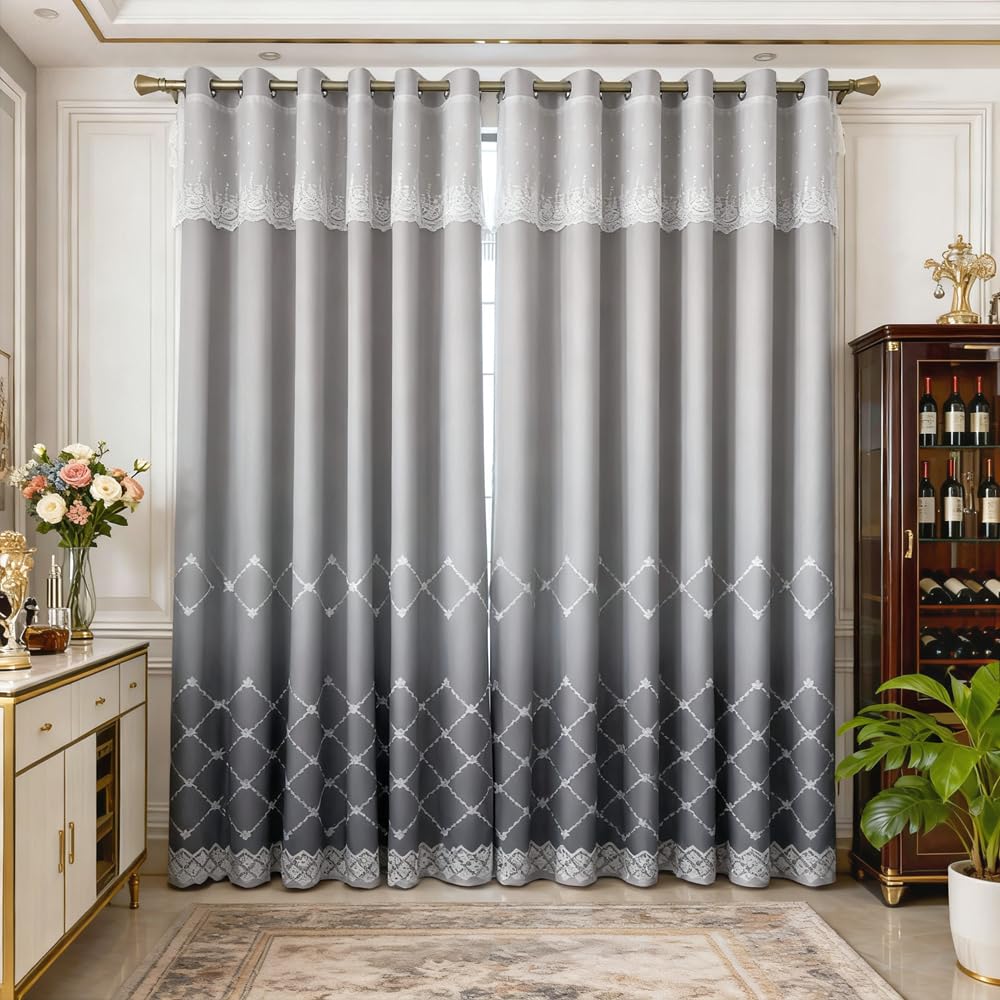 Amidoudou 1 Pair Double Layer Geometric Curtains for Living Room Gradient Diamond Pattern Embroidered Curtains for Bedroom (Grey,54x90 Inch)
