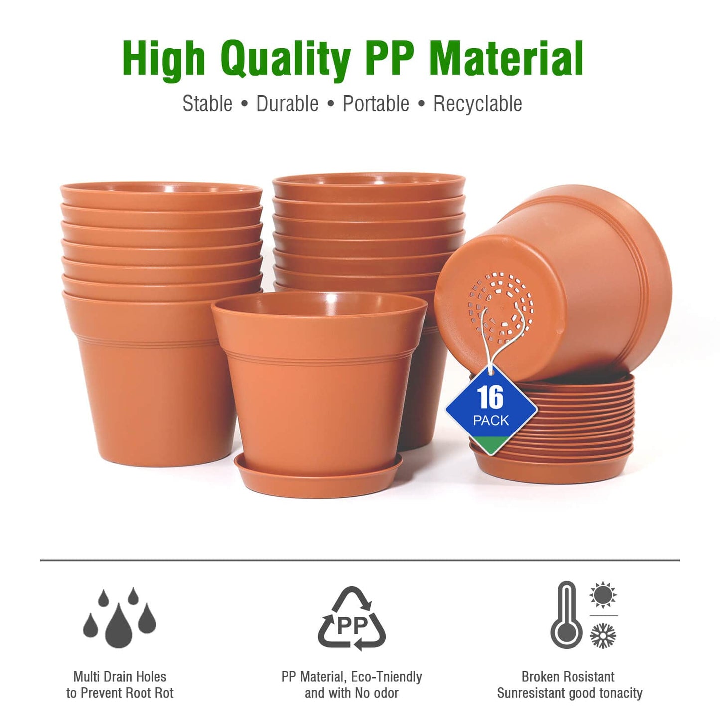 WOUSIWER 16 Pack 6 inch Plastic Planters, Plastic Indoor Planter Flower Pots, Heavy Duty and Stylish 6 Inch Plant Pots for Indoor Plants with Drainage Holes and Tray for Plants, Flowers, Terracotta