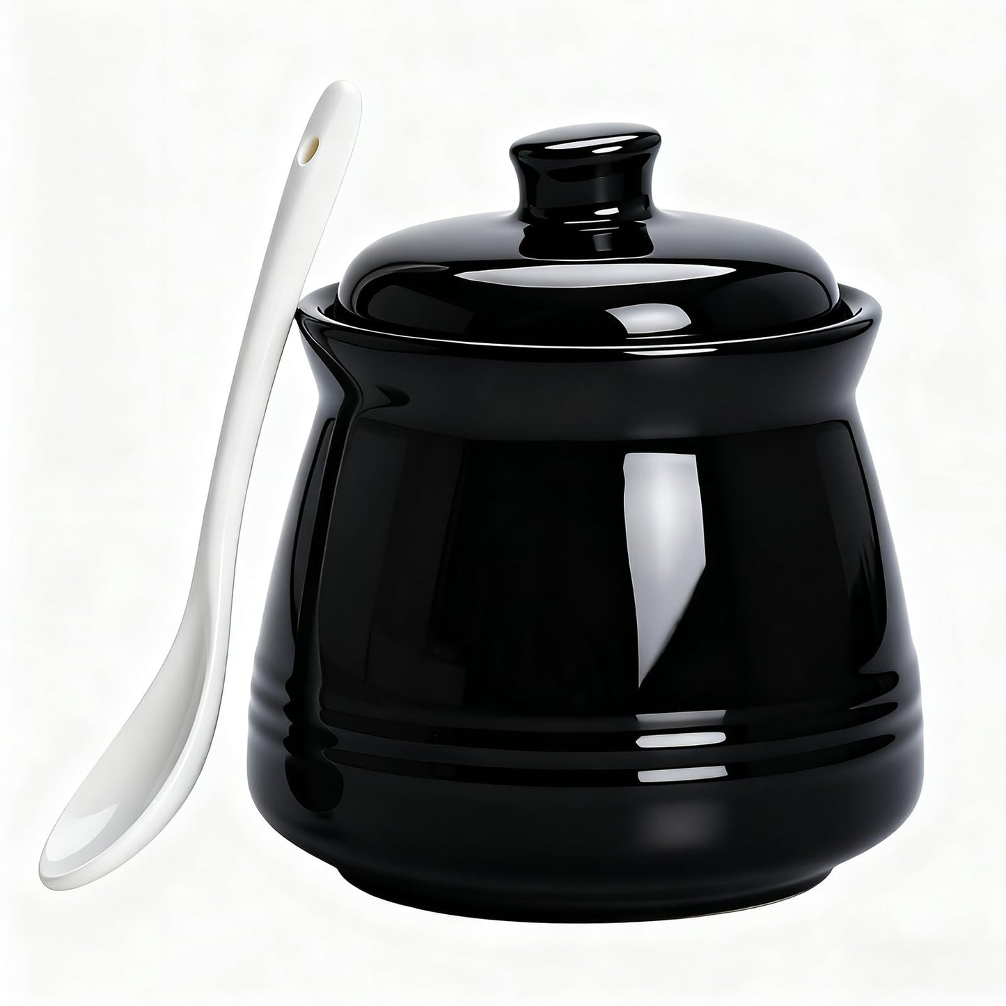 Fcreimd Sugar Bowl Ceramic Sugar Jar, Sucrier 12 oz Sugar Container with Lid and Spoon (Black)