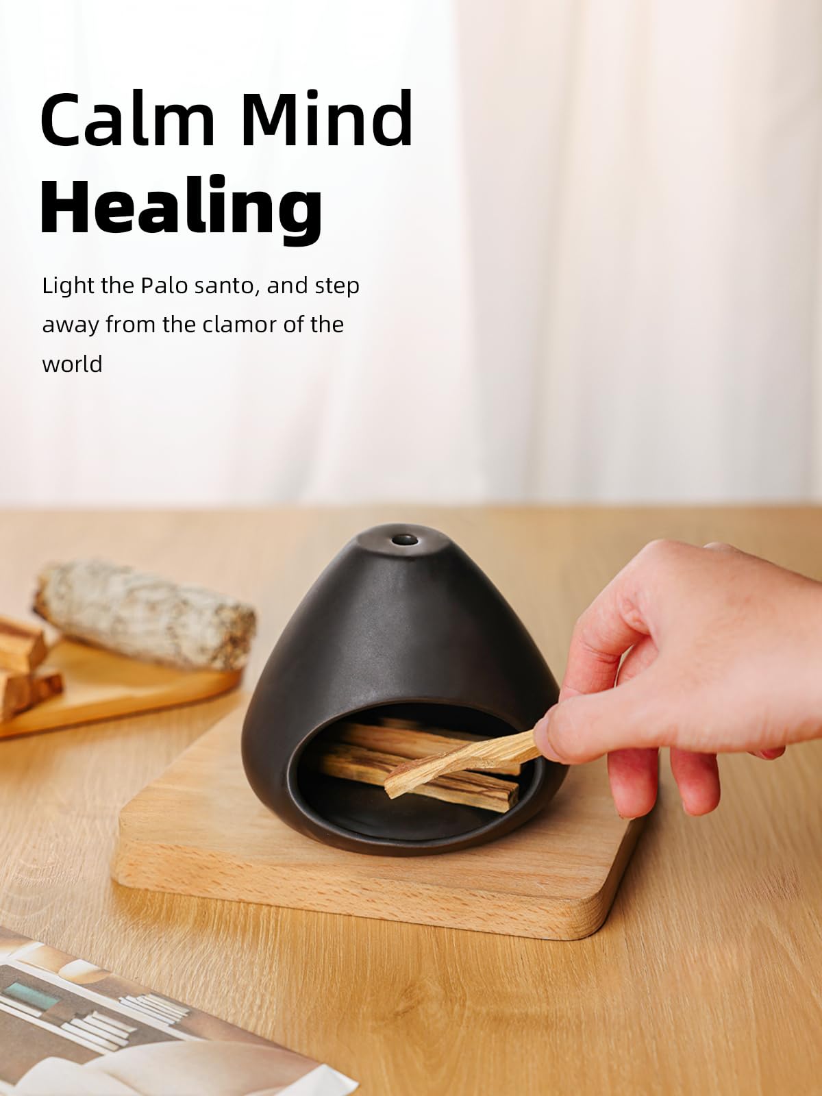Ceramic Palo Santo Holder, Modern Incense Burner, Smudge Bowl (Black)