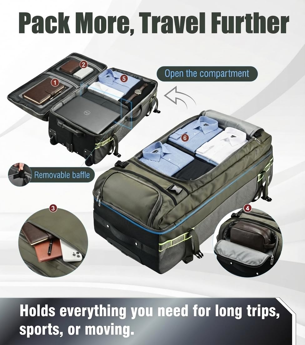 100L Extra Large Rolling Duffel Bag with Wheels and Handle – 33" Heavy-Duty 1600D PVC Checked Luggage for Business Travel, Men’s Week-Long Trips & Student Relocation, Foldable Base Design (Army Green)