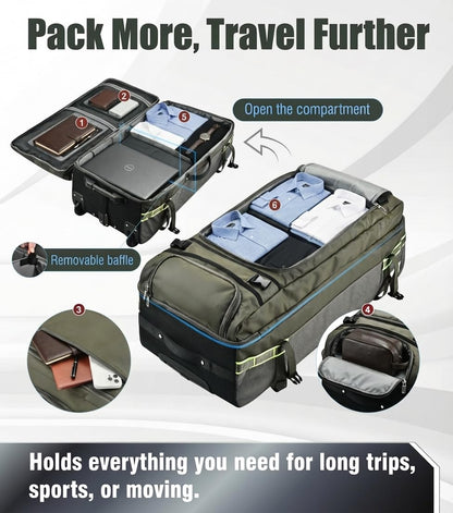 100L Extra Large Rolling Duffel Bag with Wheels and Handle – 33" Heavy-Duty 1600D PVC Checked Luggage for Business Travel, Men’s Week-Long Trips & Student Relocation, Foldable Base Design (Army Green)