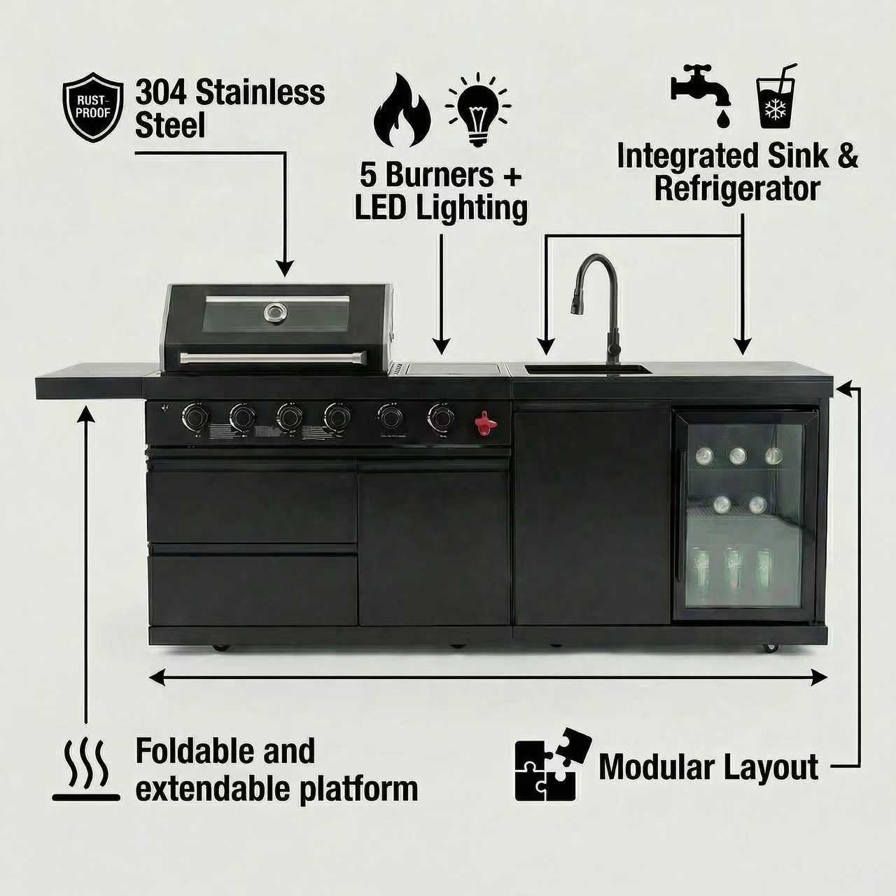GDFStudio 84" Stainless Steel Outdoor Kitchen Bar and BBQ Island Grill with 6-Burner Gas Grill, 75300 BTU, SS304 Integrated Sink, Wine Cooler, Refrigerator, Granite Countertop, Rotisserie, Black