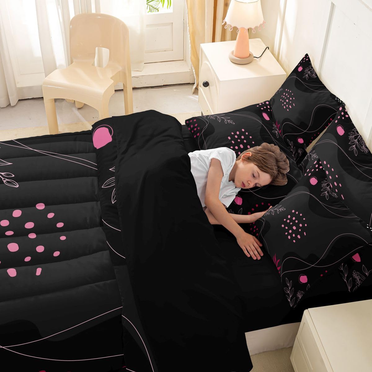 Erosebridal Boho Black Pink 7 Piece Comforter Set Full Bed in a Bag Mid Century Modern Bedding Sets Geometric Lines Comforter and Sheet Set, Modern Abstract Bed Sets