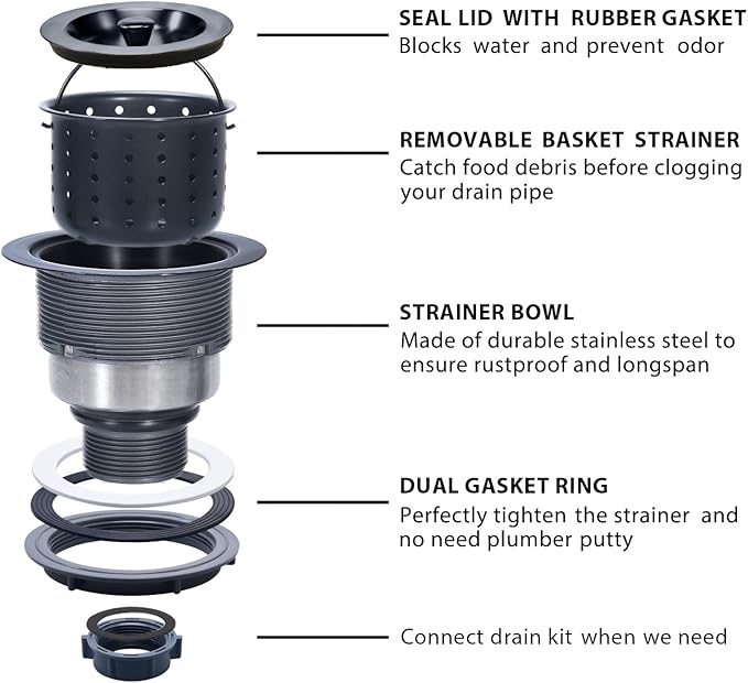 Kitchen Sink Drain 3-1/2 Inch Black Sink Drain Assembly Kit, Removable Deep