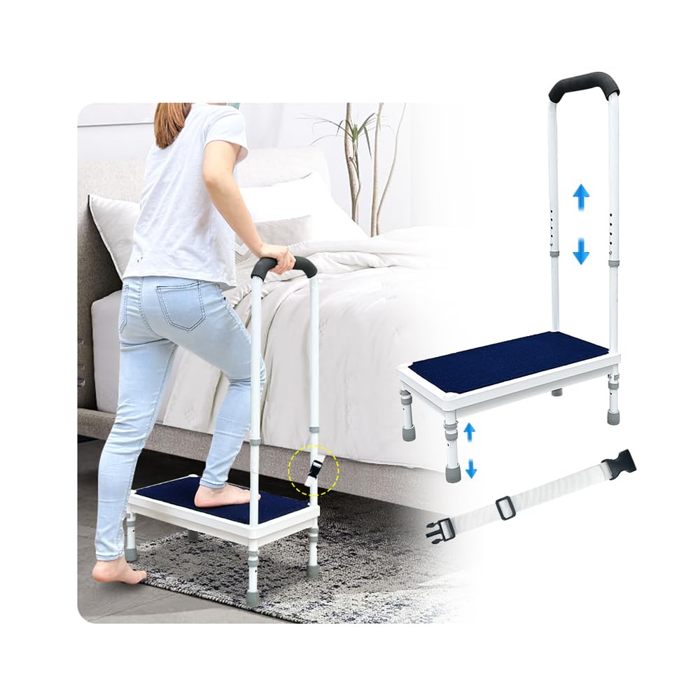 Bedside Steps for High Beds Step Stool with Handle for Elderly Adult Medical Heavy Duty Safety Stepstools for Seniors 400 Lb Capacity Non-Slip Wide Platform to Get in Bed, Car, Bathroom (Blue-21.6")
