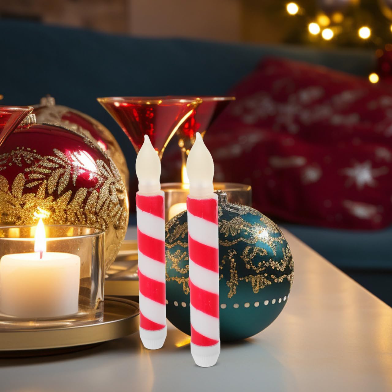 UPKOCH 6pcs Flameless Taper Candles, Candy Cane Candle Red and White Striped Christmas Flameless Candy, Batteryated Led Wicks, Warm White Light for Xmas Wedding Birthday Party Home Decor