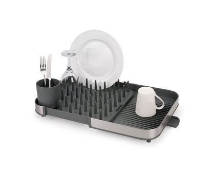 Joseph Joseph Expanding Dish Drying Rack with Removable Silverware Holder, Draining Spout, Stainless-Steel