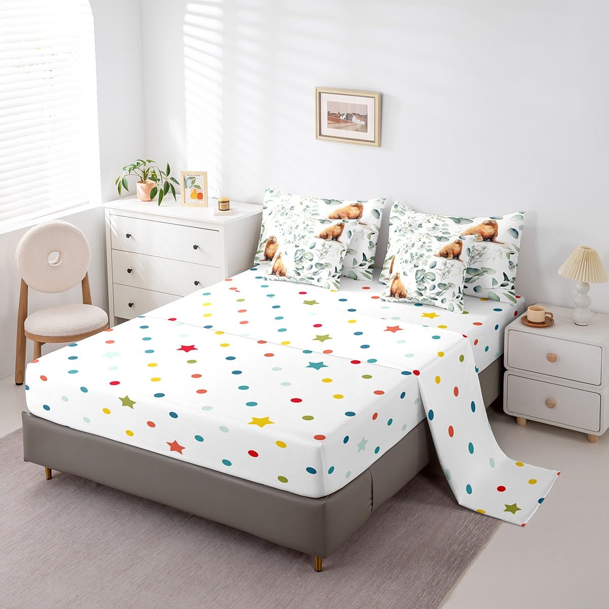 Erosebridal 7-Piece Cartoon Seal Bedding King Size Ocean Wildlife Comforter Set, Spring Plant Bedding Comforter Sets Eucalyptus Leaf Bed in a Bag, Sea Animal Theme Bedding Accessories Kids Room Decor
