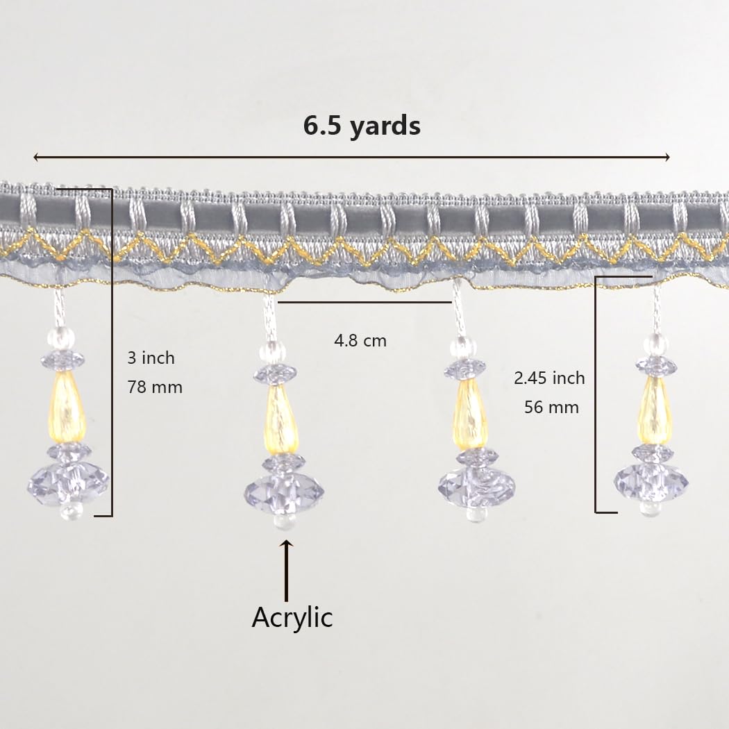 Kuasting 6.5 Yards Braid Hanging Ball Tassel Fringe Trim Bead Sewing Trim Fringe Acrylic DIY Craft Sewing Accessory for Home Curtain Decoration (Gray)