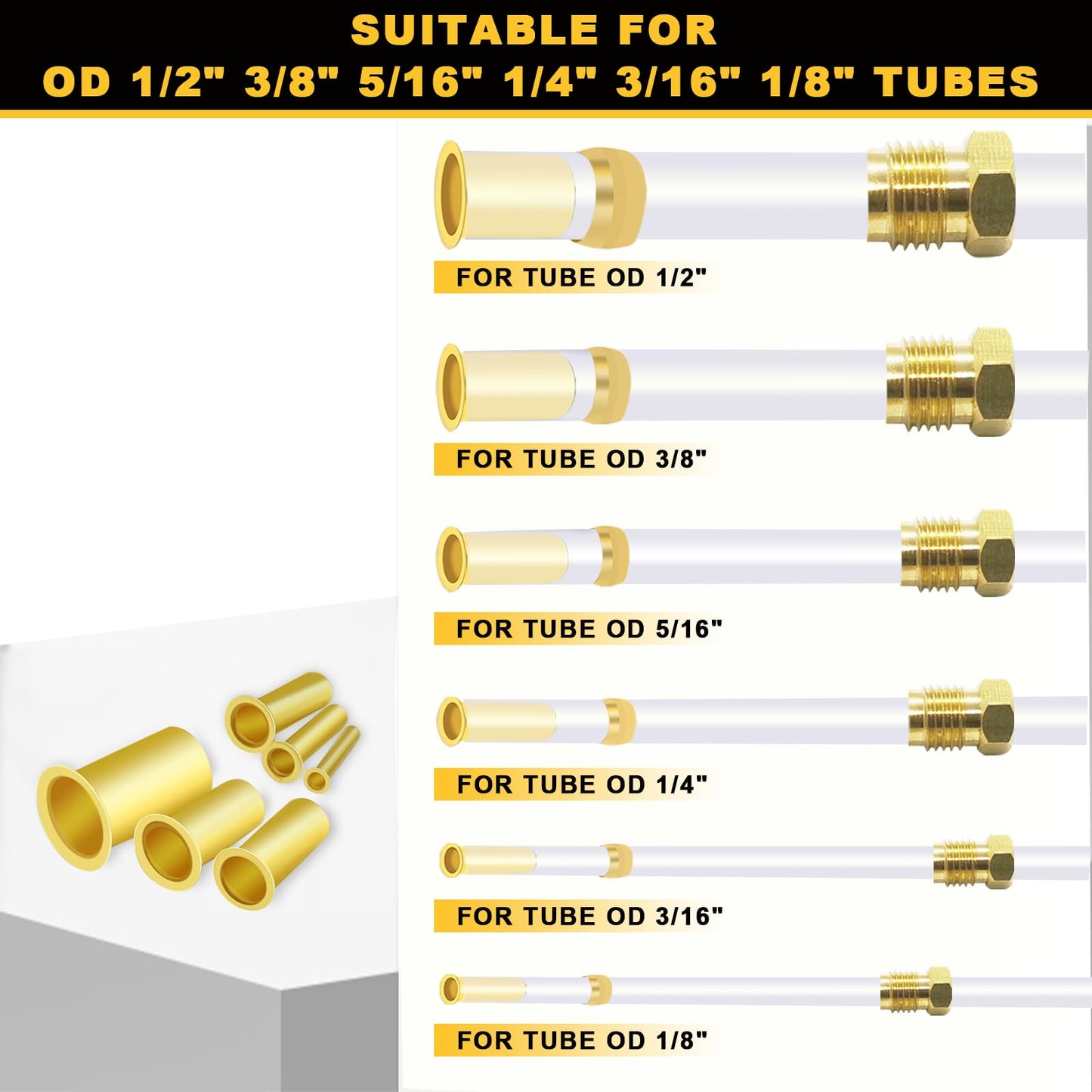 Siptenk 236PCS Brass Compression Tube Inserts for OD 1/2" 3/8" 5/16" 1/4" 3/16" 1/8", 6 Sizes Tubing Insert Brass Ferrule Fitting Assortment Kit