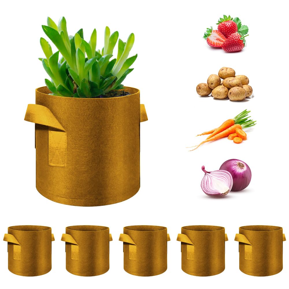 FineGearPow 5-Pack 15 Gallon Grow Bags Heavy Duty Thickened Nonwoven Fabric Pots with Handles, Plant Grow Bags for Vegetables/Flower/Plant/Fruits, Brown