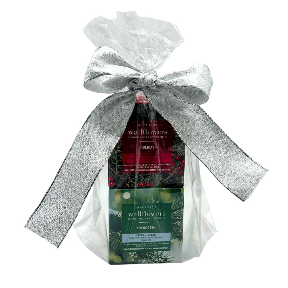 Bath & Body Works HOLIDAY & EVERGREEN Wallflowers Home Fragrance Refill 2pc Bundle Gift Set with 30-Inch Metallic Silver Ribbon Bow – Winter & Christmas Scents - 0.8 fl oz Each