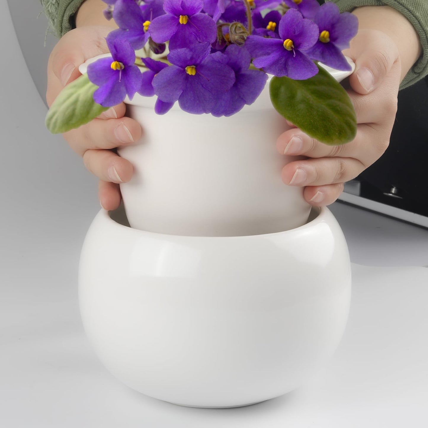 BUYMAX African Violet Pots, 6 inch Ceramic Easy Self Watering Plant Pot for Busy Plant Lovers, Automatically Absorb Appropriate Amount of Water, Flower Pot Indoor-Plants Not Included