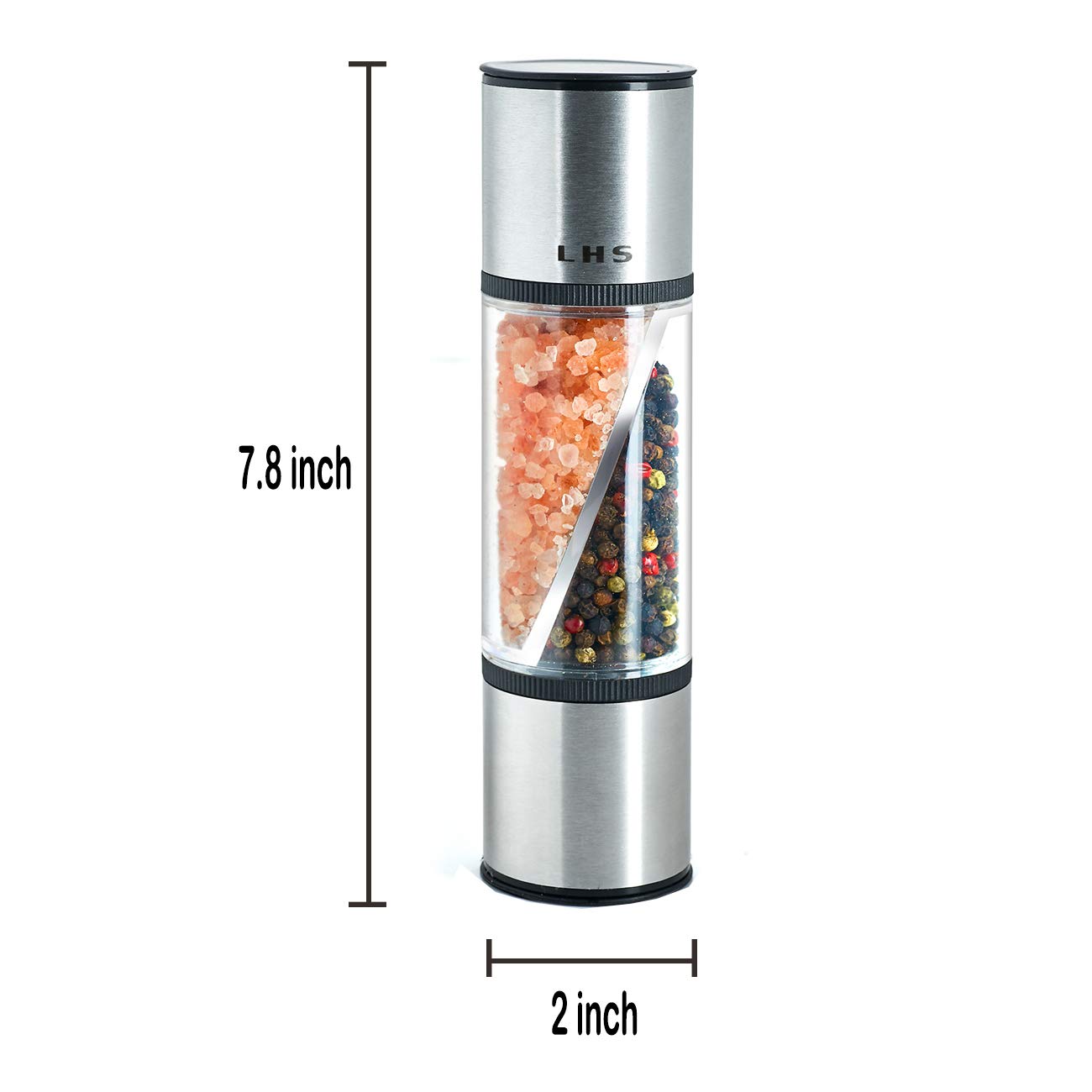 LHS 2 in 1 Salt and Pepper Grinder, Clear Acrylic Salt Grinders and Pepper Mill with Adjustable Coarseness Ceramic Rotor, Black