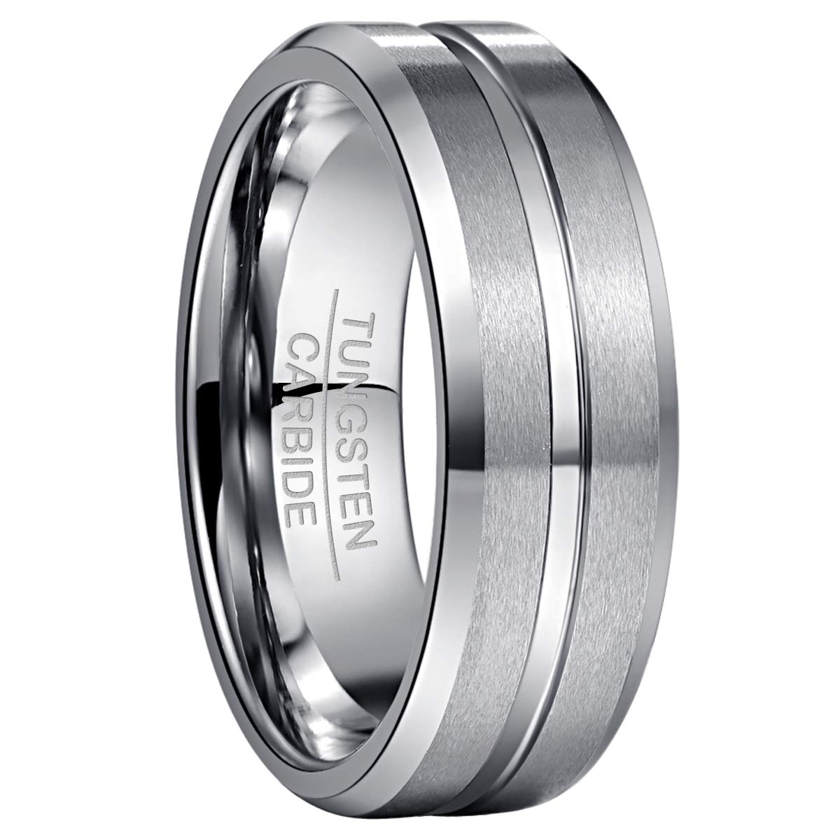 NUNCAD Men's Rings Silver 8mm Tungsten Wedding Ring for Men Simple Band Ring with Center Groove Beveled Edges Size U1/2