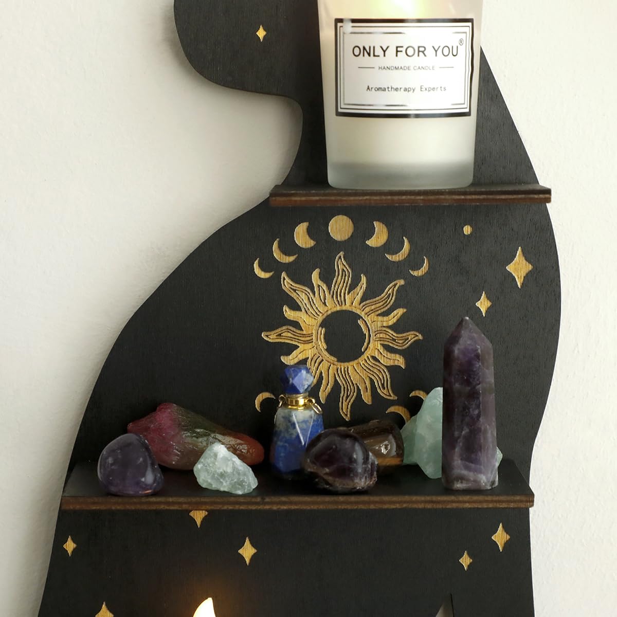 Artilady Crystal Shelf Display - 3 PCS Black Cute Cat Floating Shelves for Halloween Wall Bedroom Decor Display Shelf for Crystals and Stones Witchy Room Decorations Gift for Cat Lover