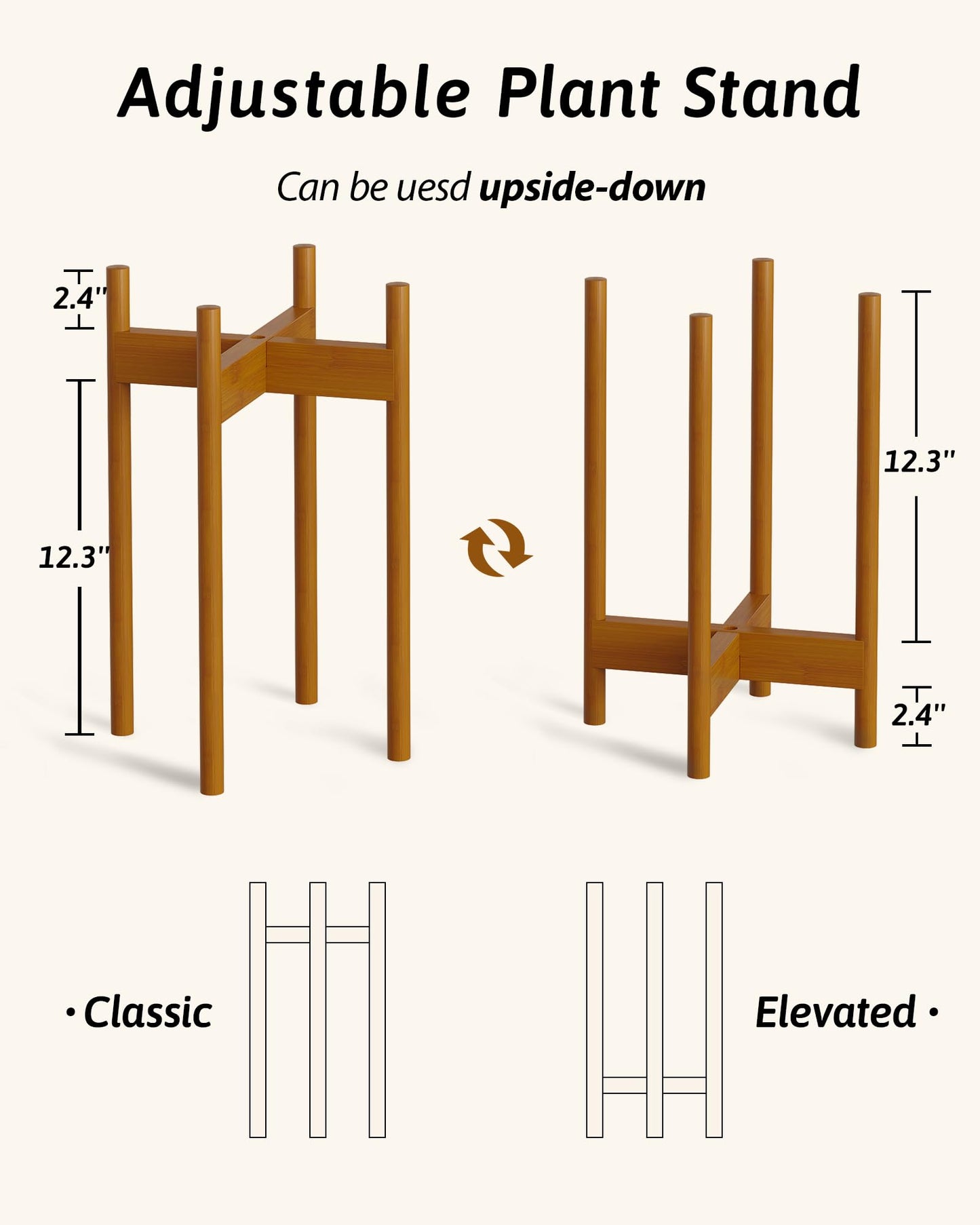 GENTINGBRO Adjustable Plant Stand Indoor, Bamboo Plant Stand Fits 8 9 10 11 12 Inches, Small Corner Planter Holder for Indoor Plants, Single Floor Plant Stands for Living Room Balcony, Light Brown Tall